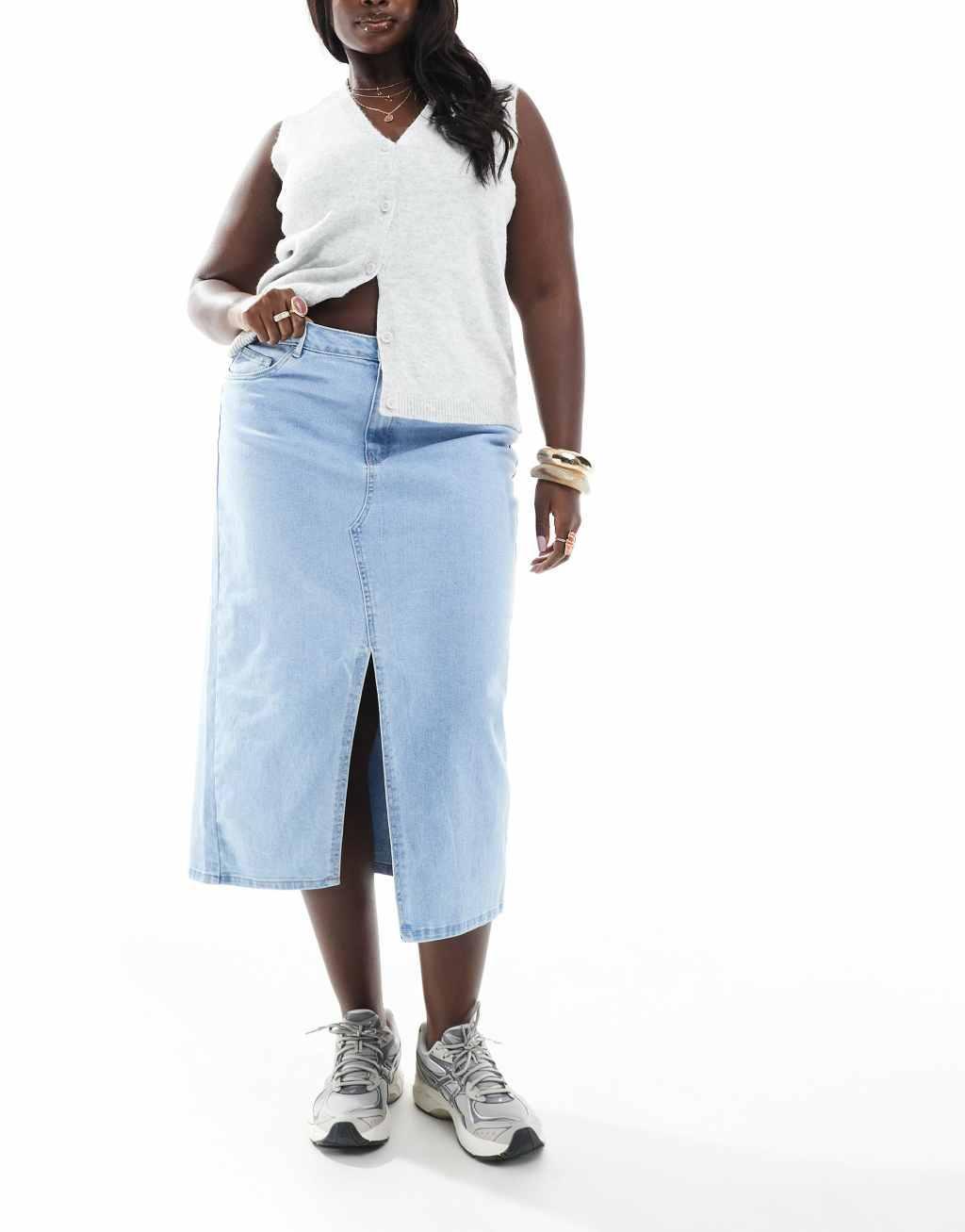 ONLY Curve front slit denim midi skirt in light blue Product Image