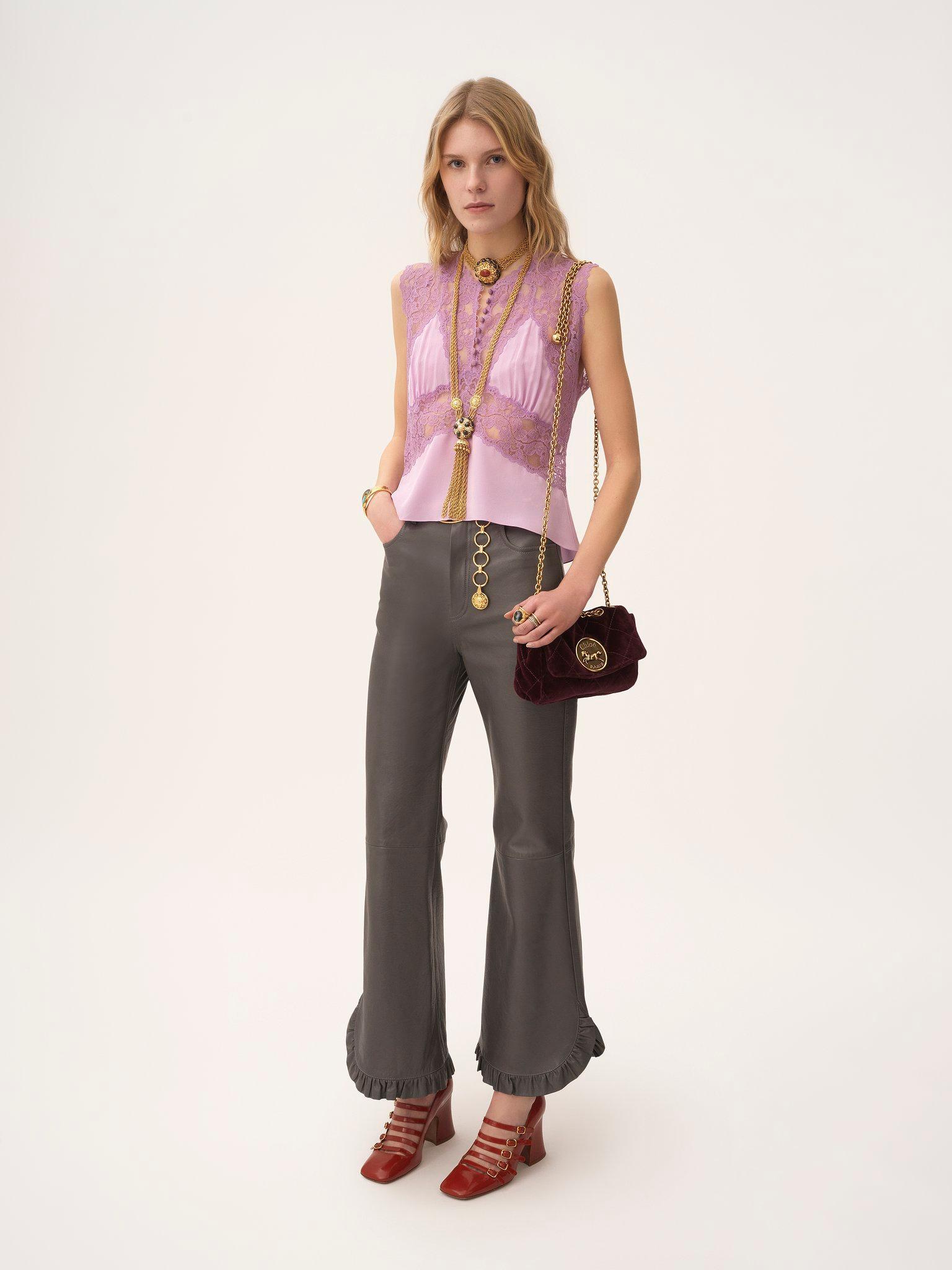 V-neck top in crêpe de chine & lace Product Image