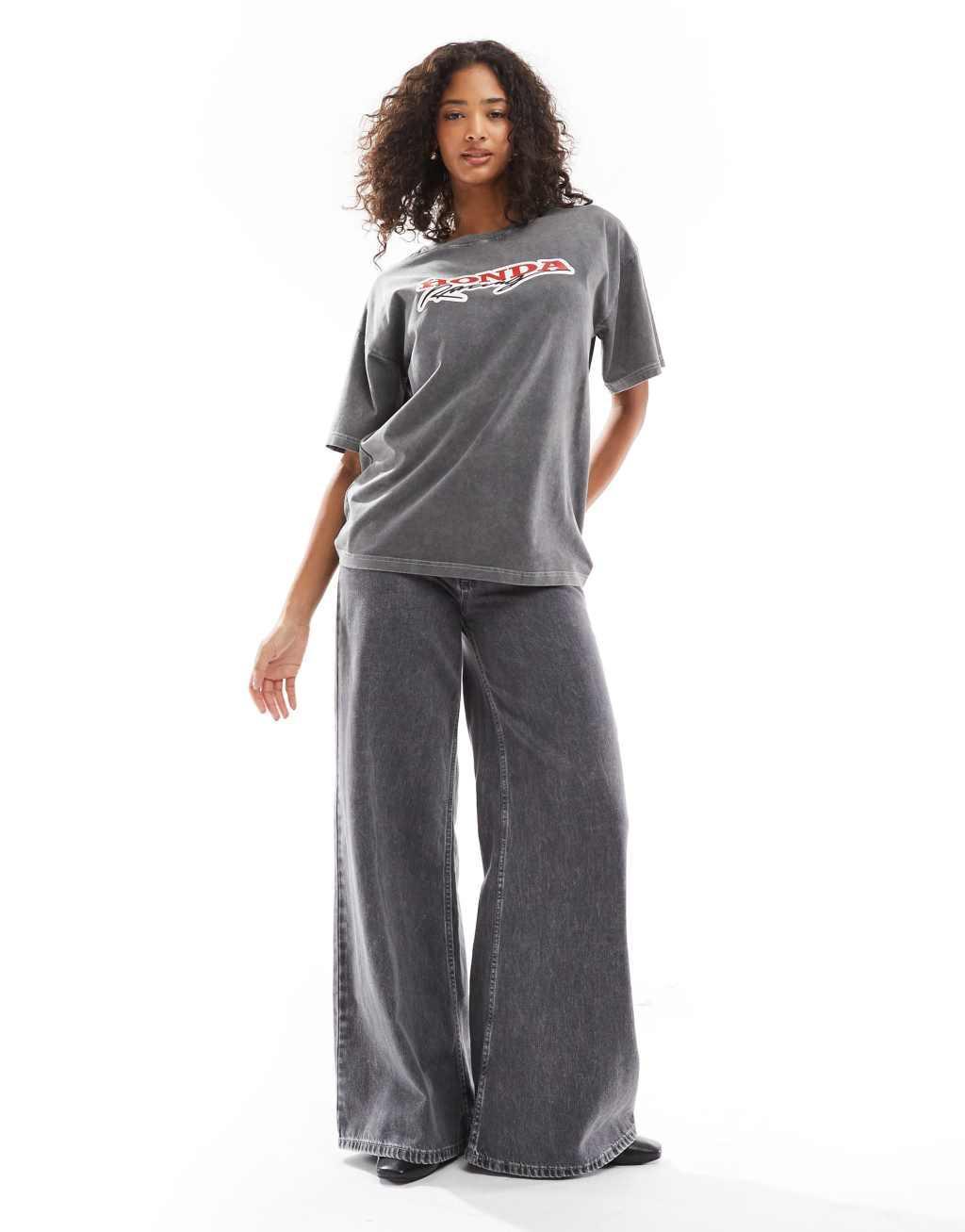 Daisy Street honda racing t-shirt in washed gray Product Image