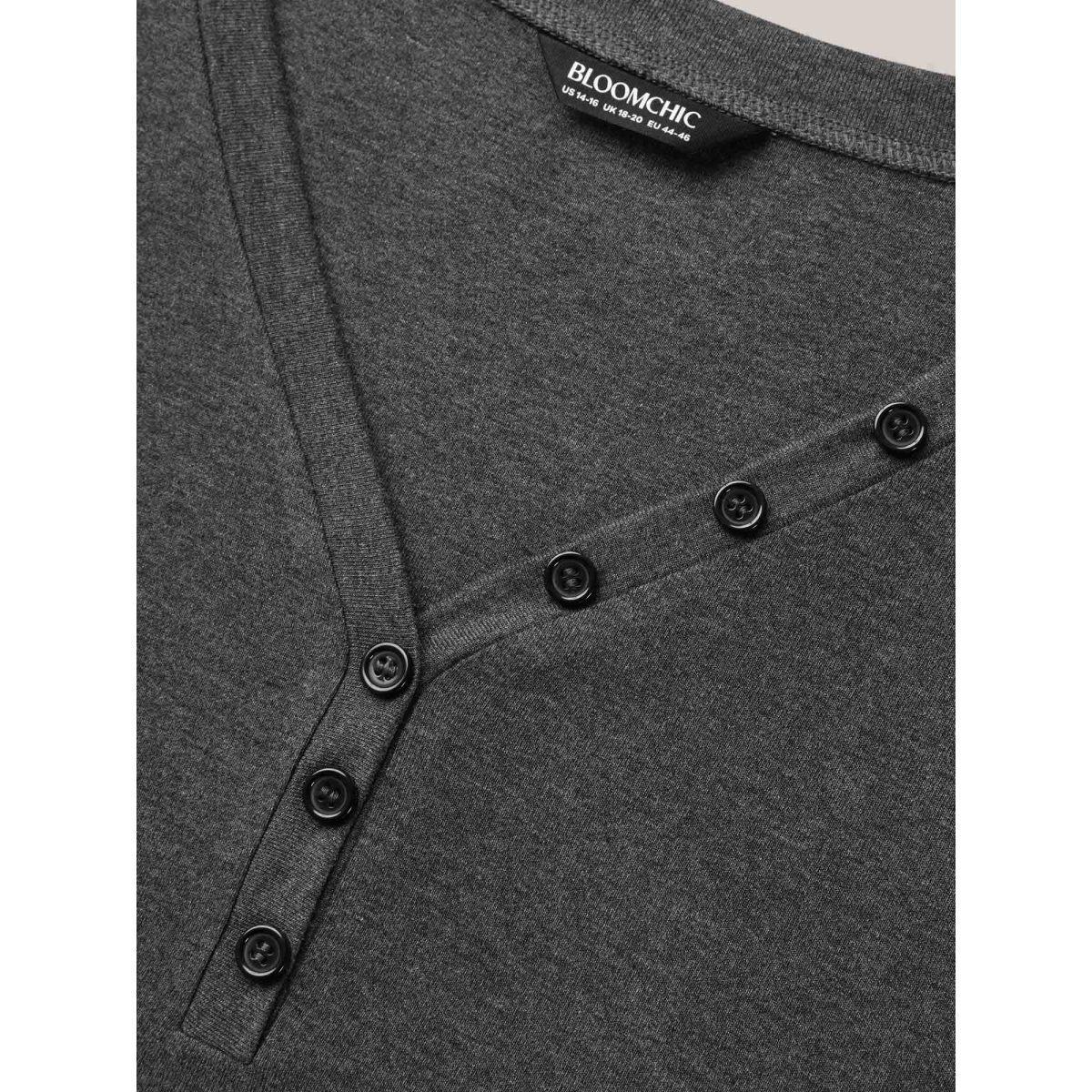 Plus Size Adjustable Neck Coverage Button Placket T-Shirt DimGray Women Casual Button V-neck Everyday T-shirts BloomChic 22-24/3X Product Image