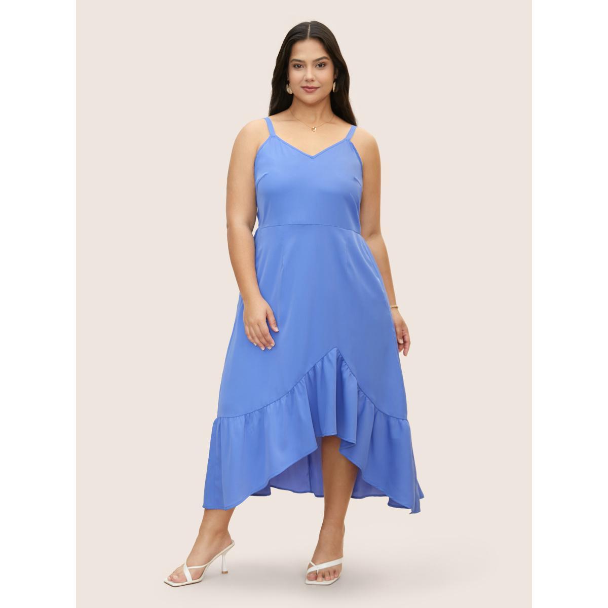Plus Size Solid Patchwork Ruffle Hem Midi Dress Skyblue Women Elegant Ruffles V-neck Sleeveless Curvy BloomChic 10/M Product Image