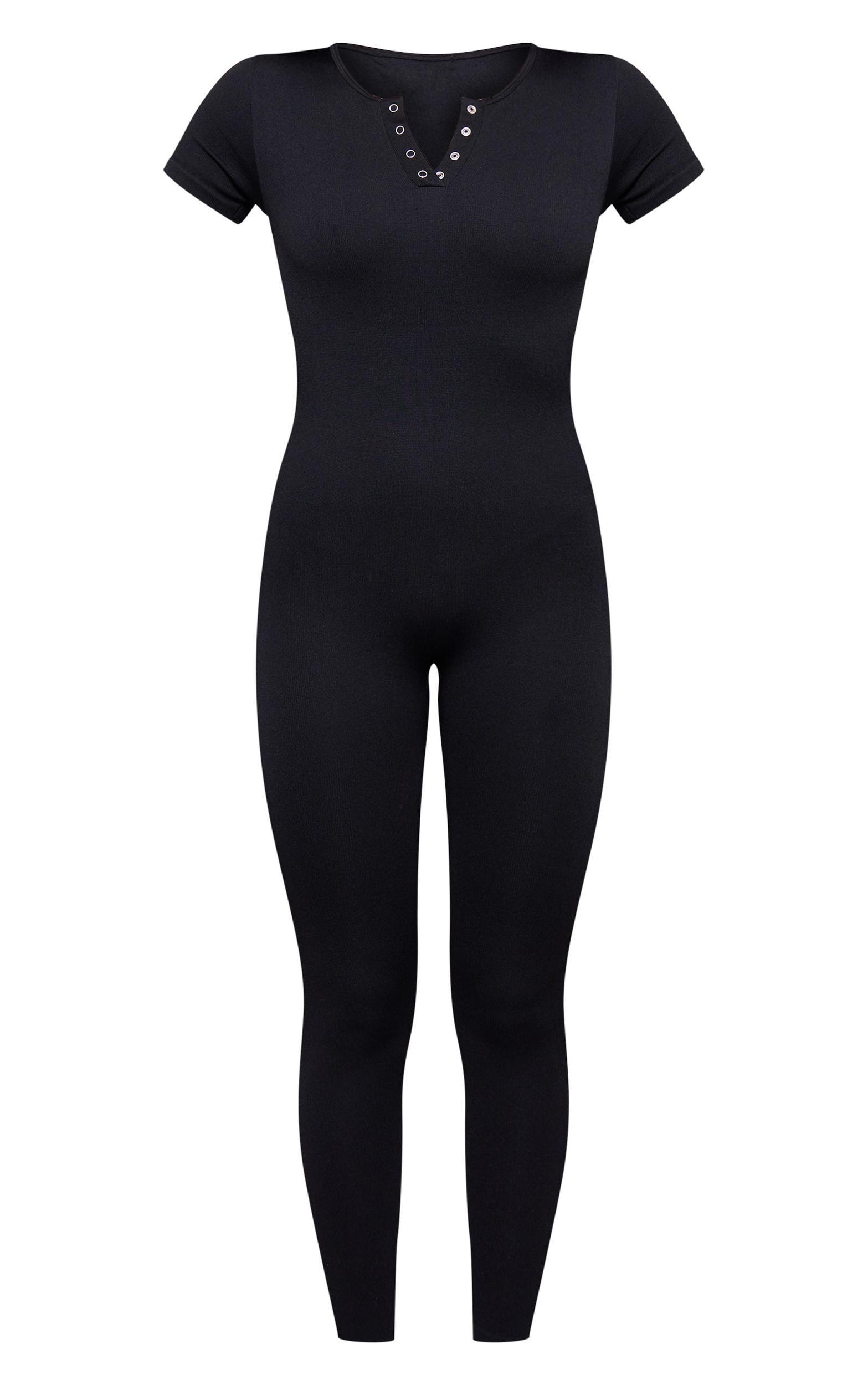 Black Seamless Button Detail Short Sleeve Jumpsuit Product Image
