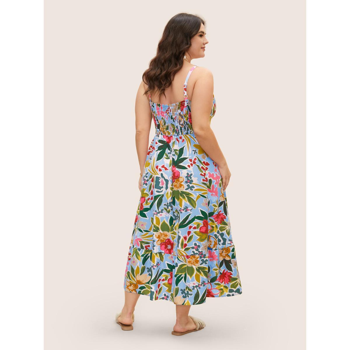 Plus Size Floral Drawstring High Low Hem Cami Dress LightBlue Women Resort Drawstring V-neck Sleeveless Curvy BloomChic 10/M Product Image