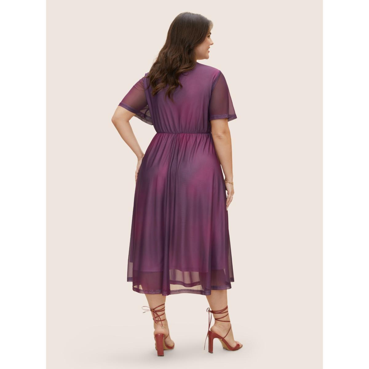 Plus Size Butterfly Orchid Mesh Ruffle Sleeve Midi Dress Mauve Women Elegant See through Round Neck Short sleeve Curvy BloomChic 14-16/1X Product Image
