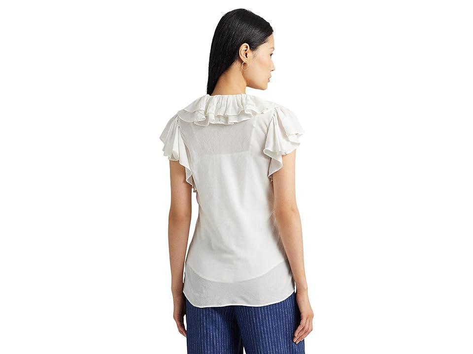 Lauren Ralph Lauren Ruffle-Trim Gauze Flutter-Sleeve Shirt (Mascarpone Cream) Women's Clothing Product Image