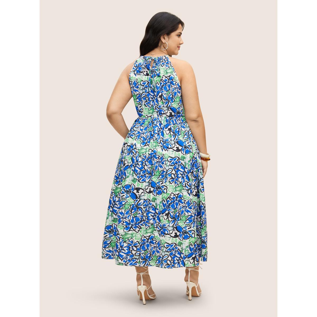 Plus Size Floral Print Elastic Waist Pocket Halter Neck Dress Mint Women Resort Non Halter neck Sleeveless Curvy BloomChic 14-16/1X Product Image