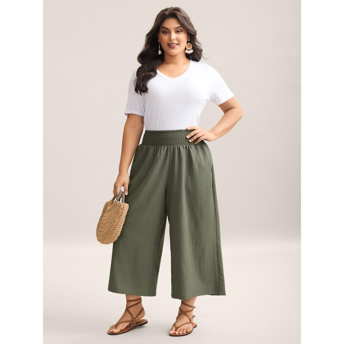 Plus Size Shirred Waist Wide-Leg Solid Pants Women ArmyGreen Resort Wide Leg Mid Rise Vacation Pants BloomChic 26/4X Product Image