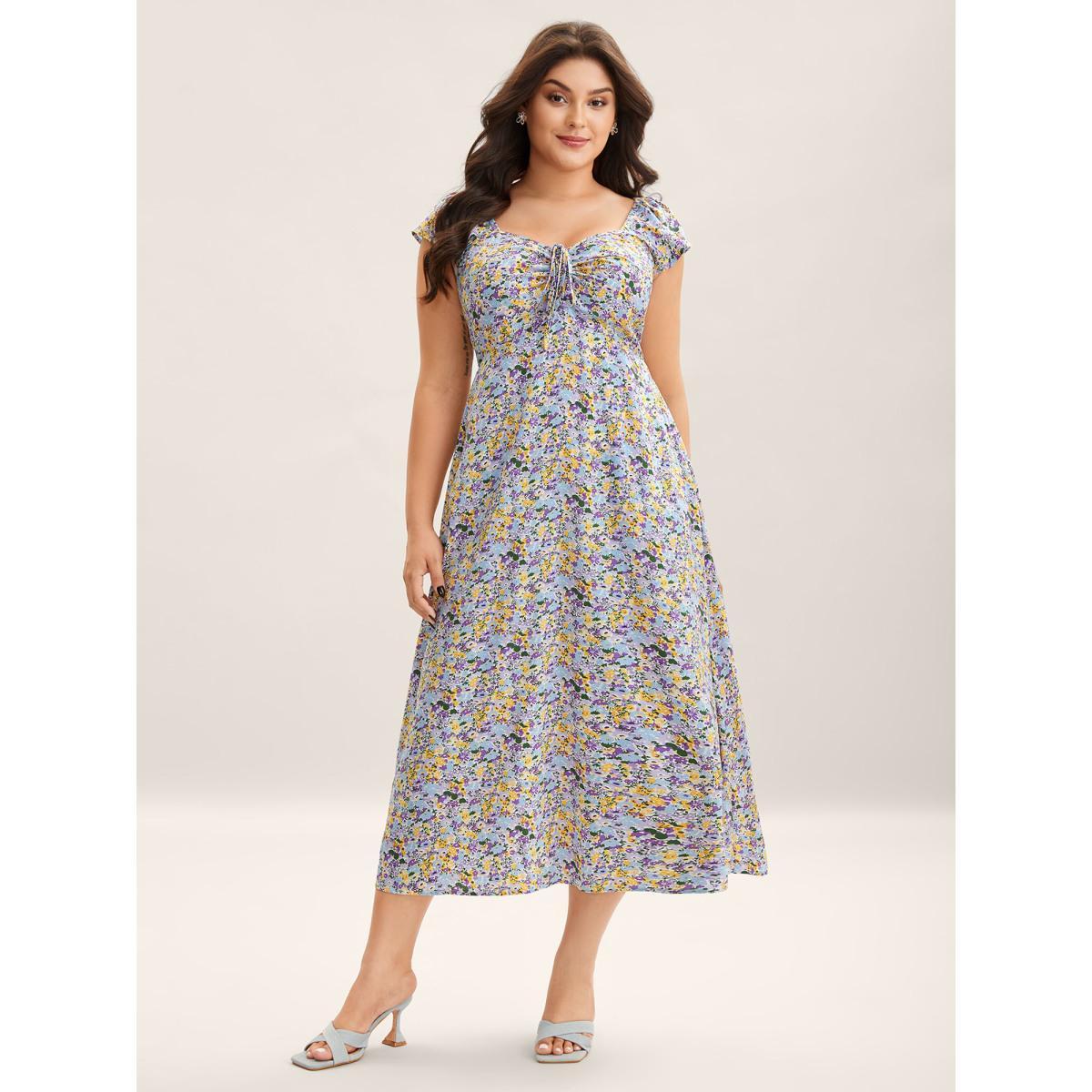 Plus Size Ditsy Floral Print Neck Tie Midi Dress Lilac Women Heart neckline Cap Sleeve Curvy BloomChic 14-16/1X Product Image