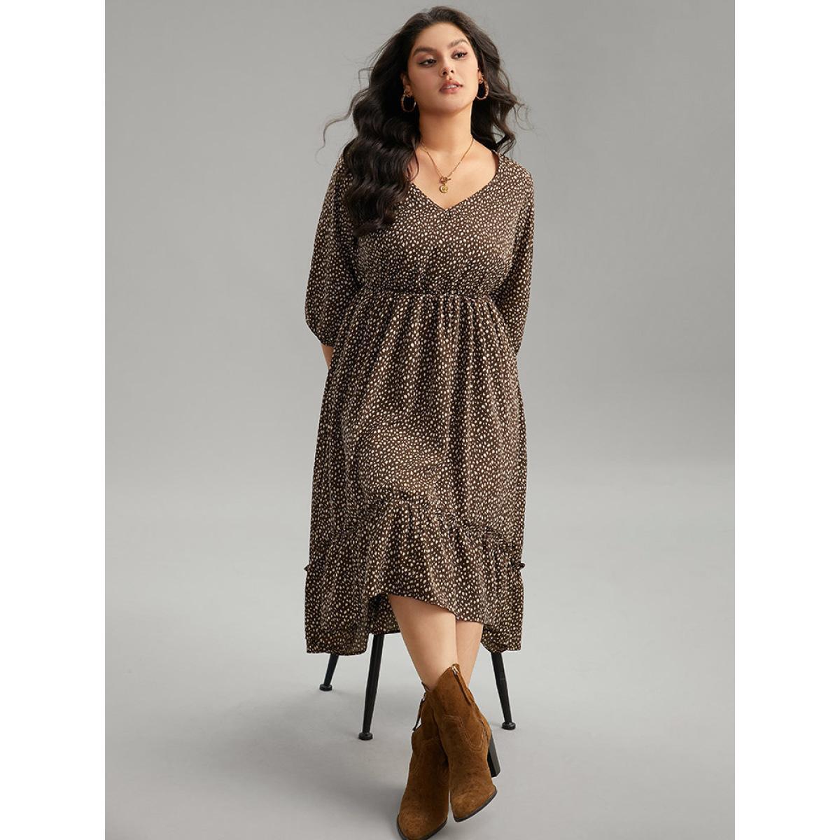 Plus Size Leopard Lantern Sleeve Ruffles Frill Trim Dress DarkBrown Women Vacation Elastic cuffs V-neck Elbow-length sleeve Curvy Midi Dress BloomChic 14-16/1X Product Image