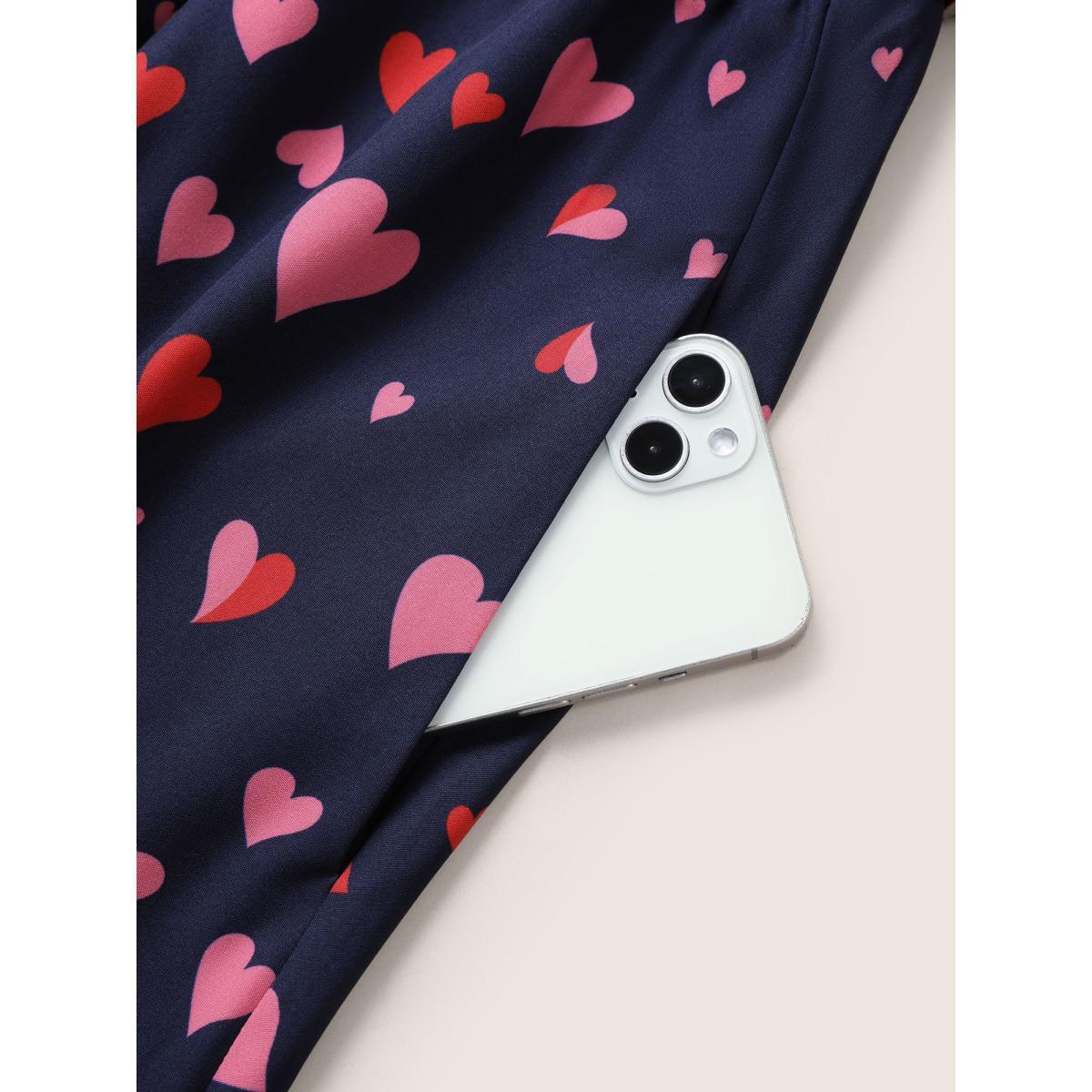 Plus Size Heart Print Patchwork Belted Wrap Dress DarkBlue Women Elegant Wrap Overlap Collar Half Sleeve Curvy Midi Dress BloomChic 30/6X Product Image