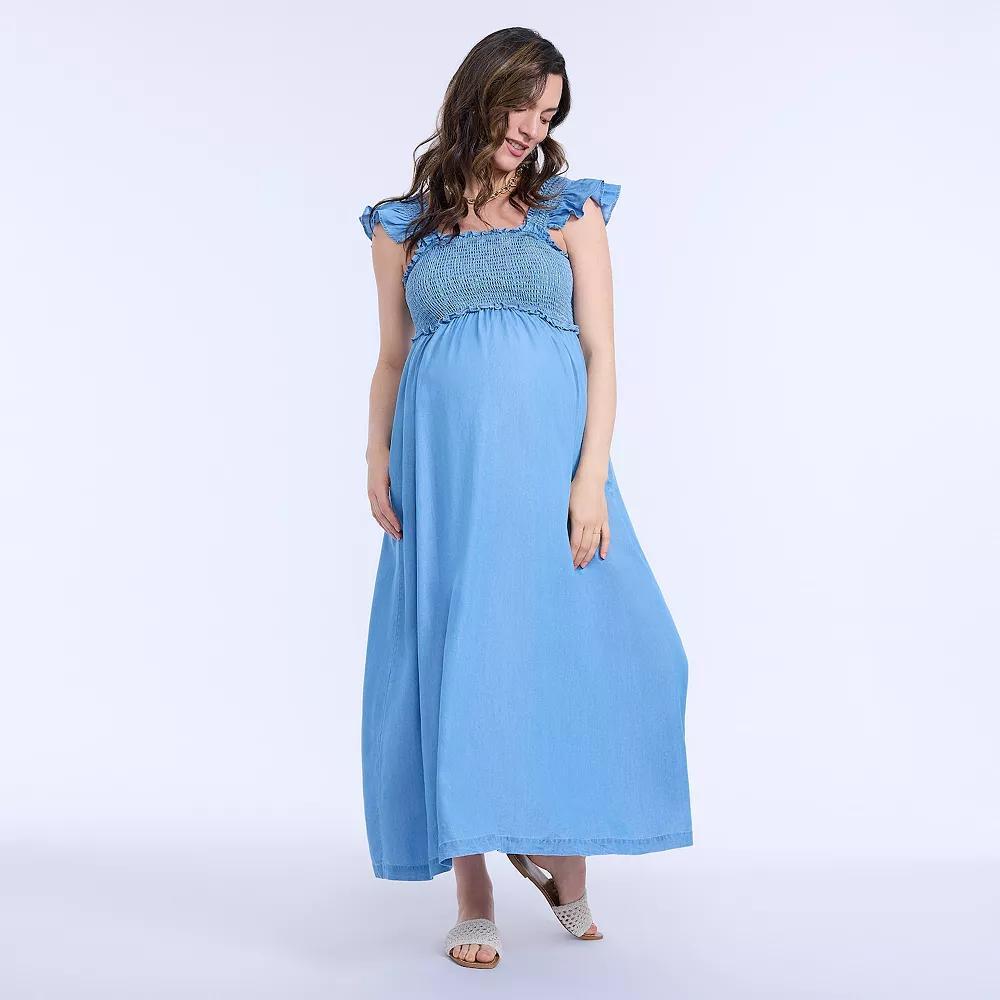 Maternity Motherhood® Sleeveless Ruffle Shoulder Smocked Dress, Women's, Size: XL-Mat, Chambray Product Image
