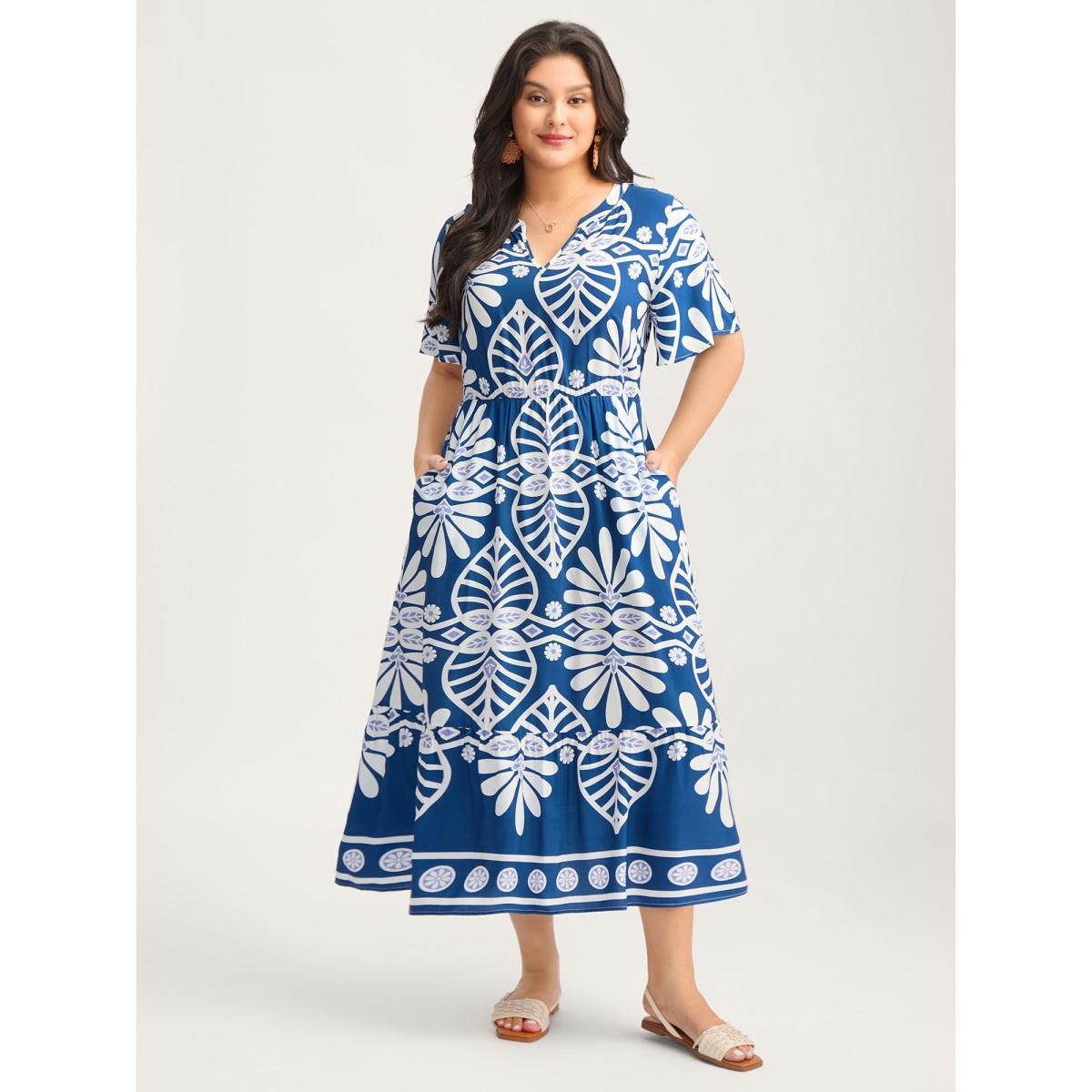 Plus Size Rayon Ornate Print Cinched-Waist Midi Dress Indigo Women V-neck Short sleeve Curvy BloomChic 14-16/1X Product Image