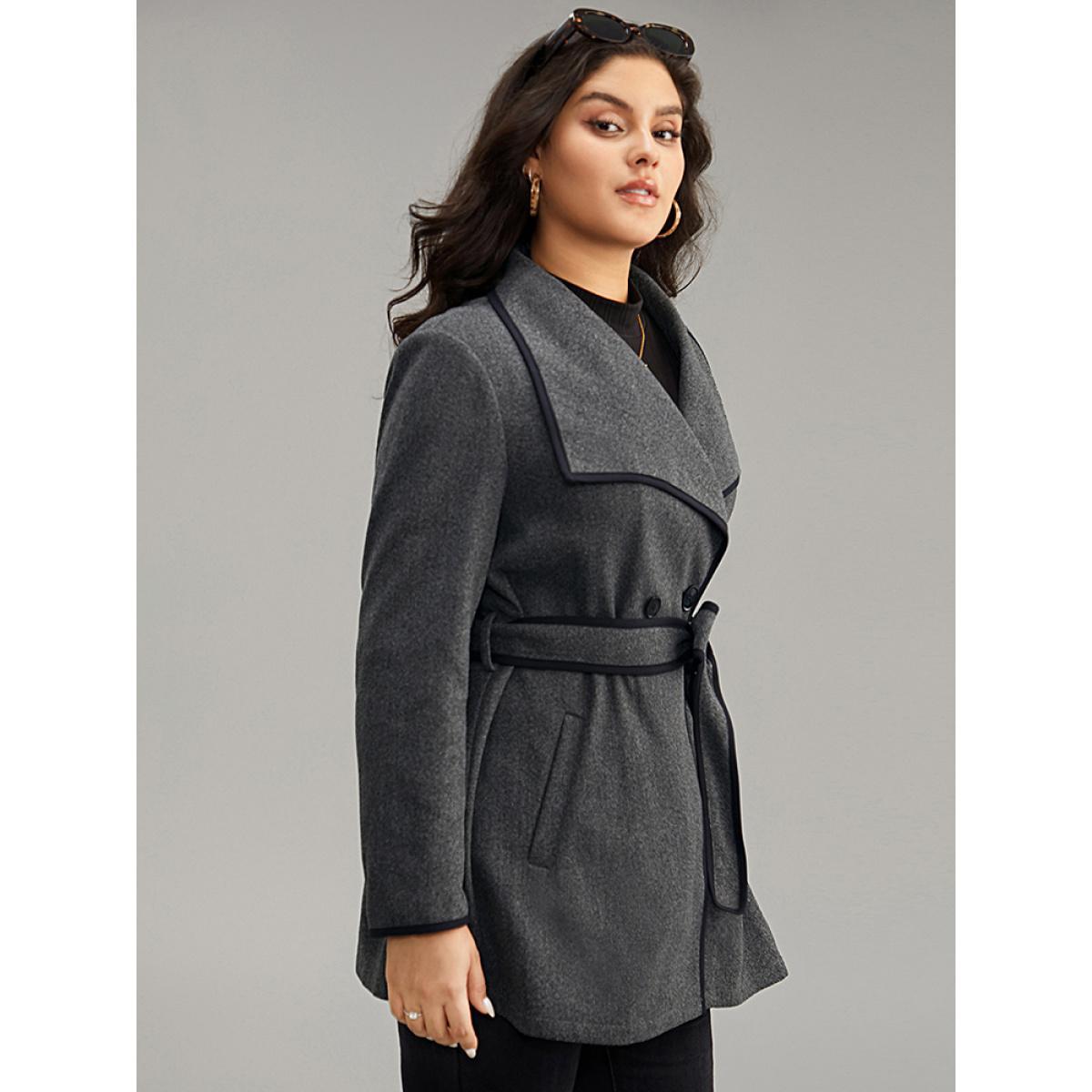 Plus Size Lapel Collar Contrast Trim Belted Button Up Coat Women DimGray Casual Belted Ladies Dailywear Winter Coats BloomChic 22-24/3X Product Image