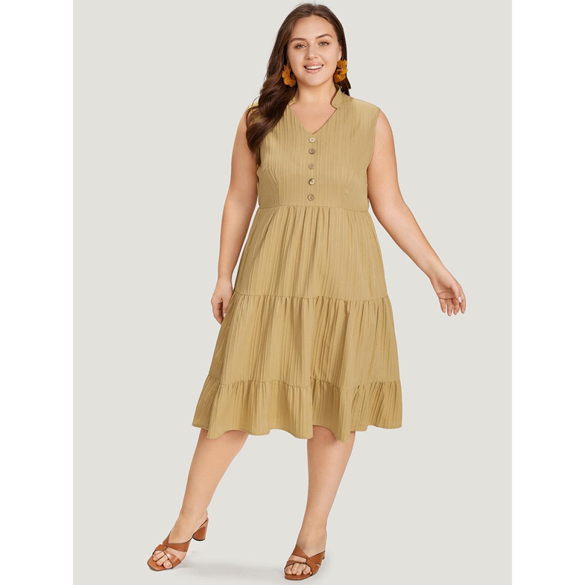 Plus Size Textured Button Detail Ruffle Layered Hem Sleeveless Dress LightBrown Women Elegant Button Stand-up collar Sleeveless Curvy Midi Dress BloomChic 22-24/3X Product Image