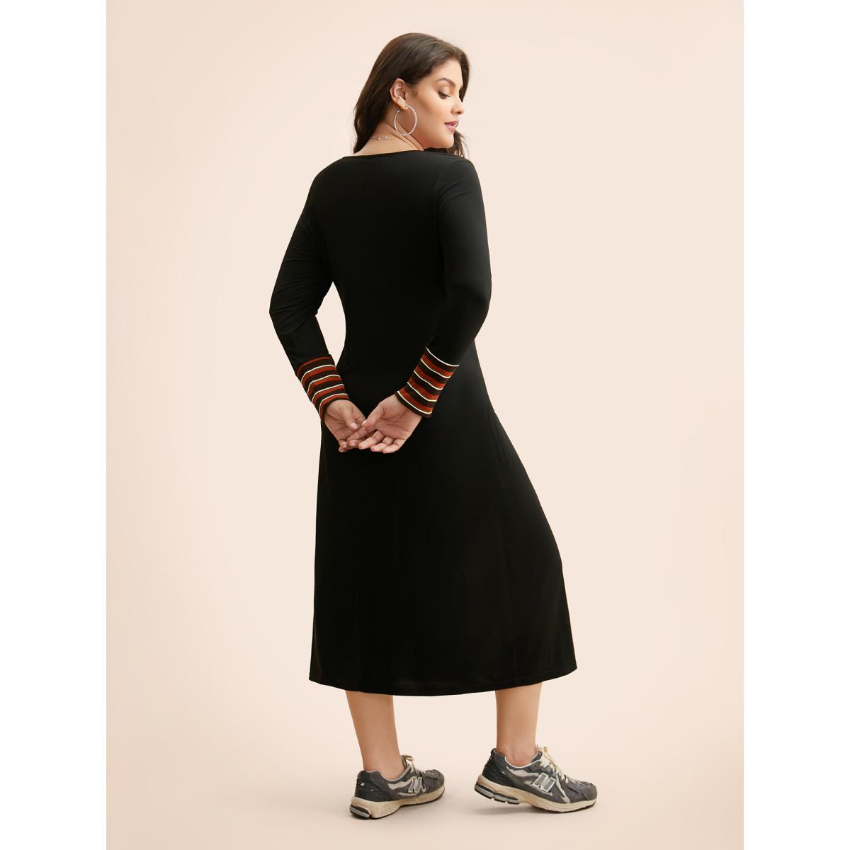 Plus Size Crew Neck Striped Patchwork Dress Black Women Casual Texture Round Neck Long Sleeve Curvy BloomChic 26/4X Product Image
