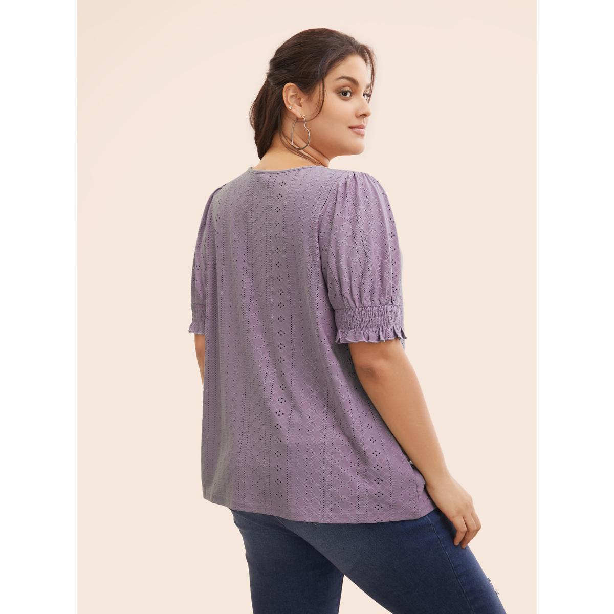 Plus Size Plain Broderie Anglaise Shirred Puff Sleeve Button Detail T-shirt Mauve Women Casual Button Plain V-neck Everyday T-shirts BloomChic 22-24/3X Product Image