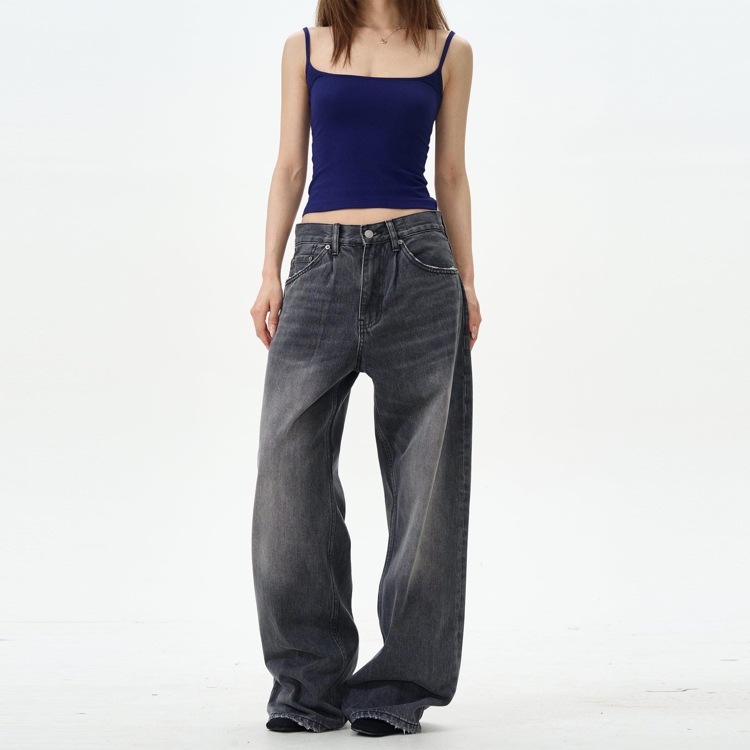 RT No. 12573 WASHED DARK GRAY DENIM STRAIGHT PANTS Product Image
