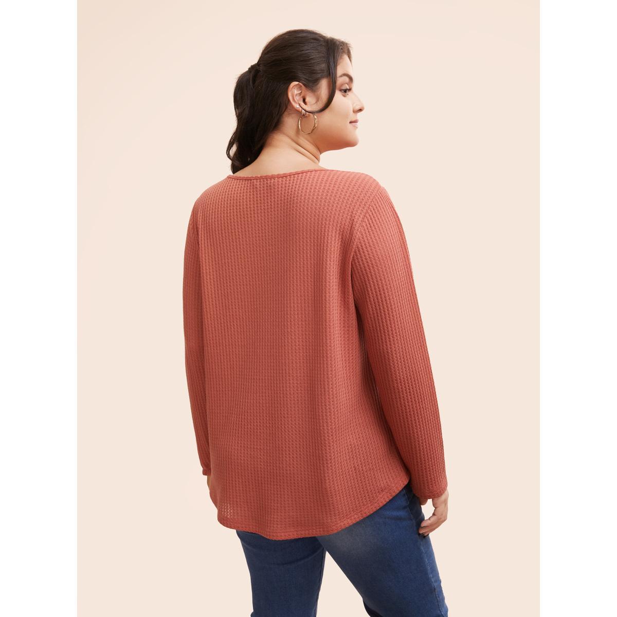 Plus Size Plain Waffle Knit Scoop Neck Plicated Detail T-shirt Salmon Women Casual Non Plain V-neck Everyday T-shirts BloomChic 14-16/1X Product Image