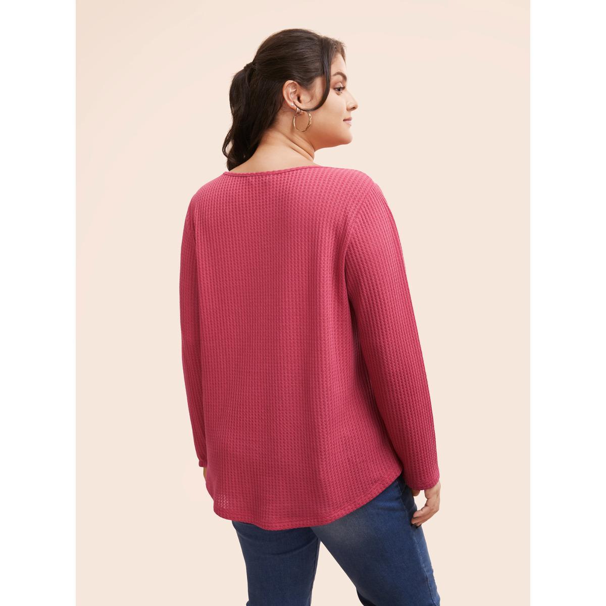 Plus Size Plain Waffle Knit Scoop Neck Plicated Detail T-shirt Salmon Women Casual Non Plain V-neck Everyday T-shirts BloomChic 14-16/1X Product Image