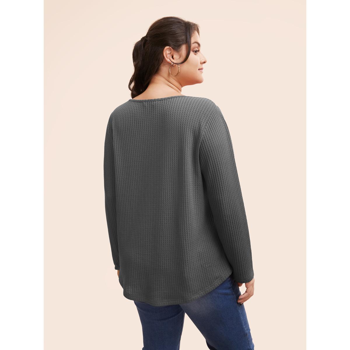 Plus Size Plain Waffle Knit Scoop Neck Plicated Detail T-shirt Russet Women Casual Non Plain V-neck Everyday T-shirts BloomChic 30/6X Product Image