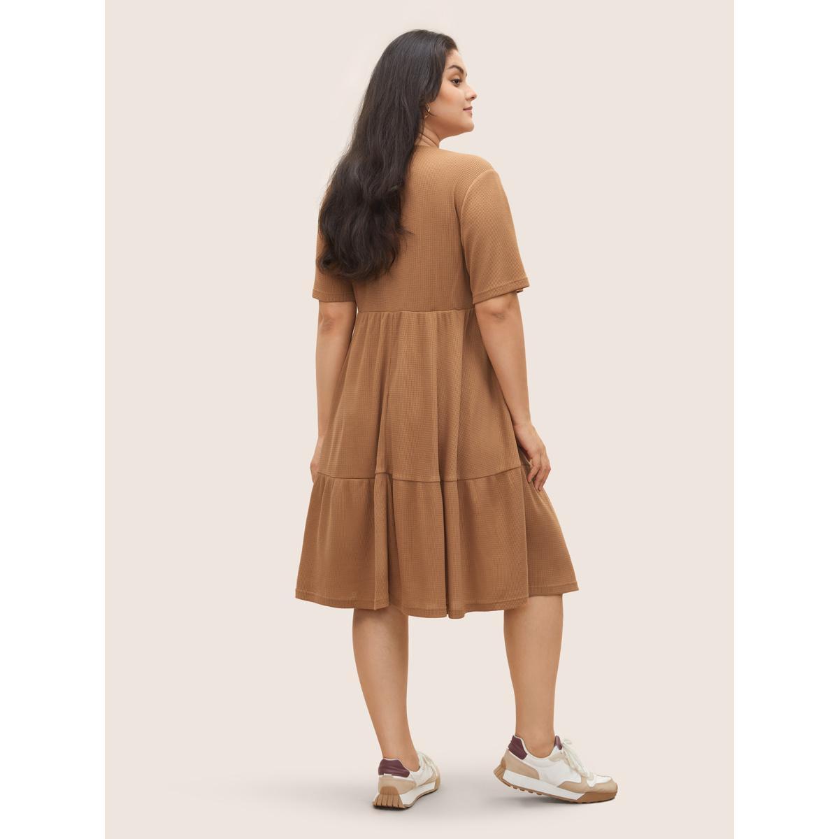 Plus Size Waffle Knit Pocket Patchwork Hem Dress Tan Women Basics Non Round Neck Short sleeve Curvy Midi Dress BloomChic 18-20/2X Product Image