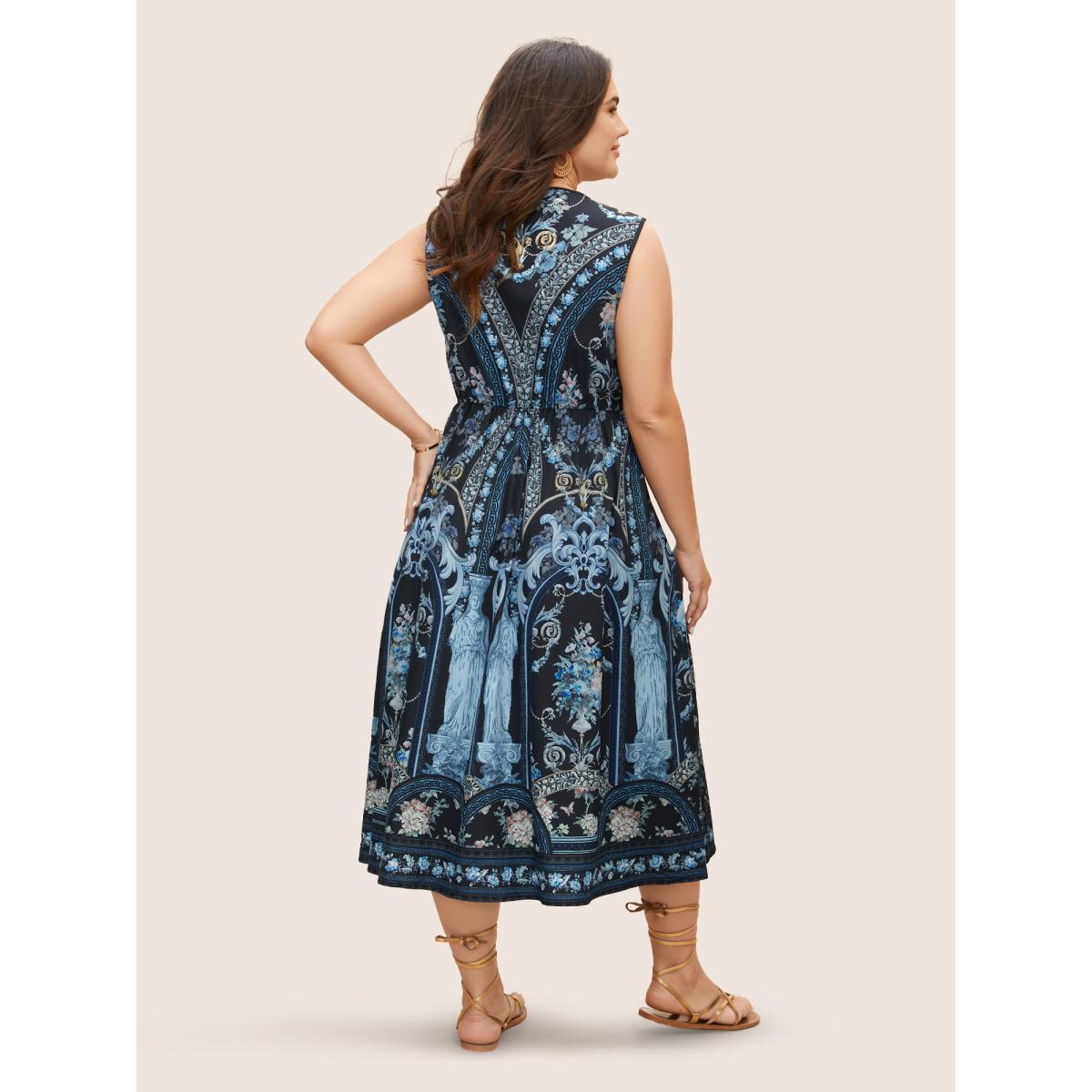 Plus Size V Neck Boho Print Sleeveless Midi Dress Black Women Elegant Gathered V-neck Sleeveless Curvy BloomChic 10/M Product Image