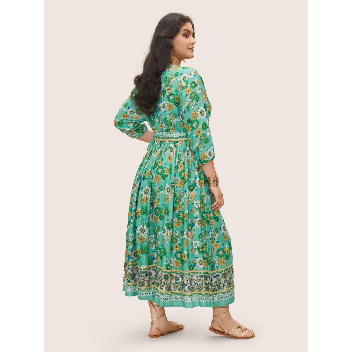 Plus Size Bandana Print Surplice Neck Lantern Sleeve Dress Emerald Women Resort Overlapping Overlap Collar Elbow-length sleeve Curvy Midi Dress BloomChic 18-20/2X Product Image