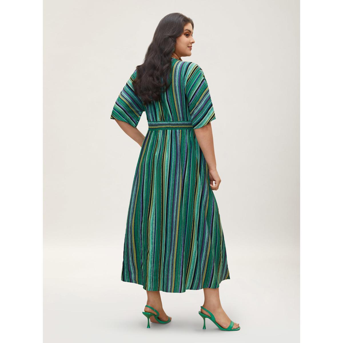Plus Size Striped Contrast Dolman Sleeve Shirred Pocket Split Flutter Dress Emerald Women Resort Non V-neck Half Sleeve Curvy BloomChic 28/5X Product Image