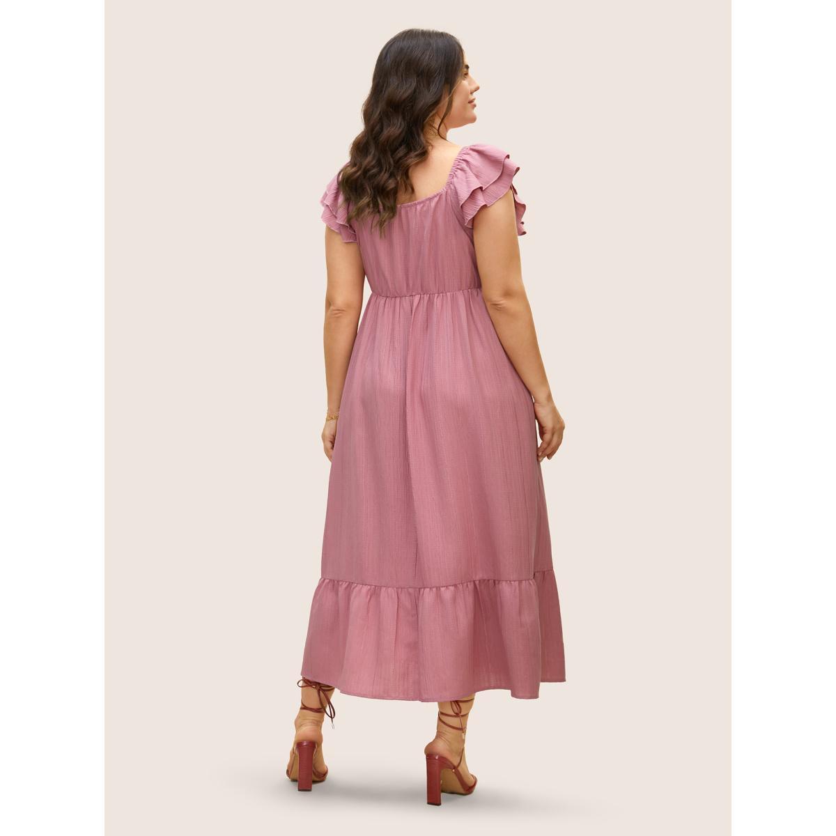 Plus Size Plain Textured Tiered Ruffle Sleeve Dress Beanpastepowder Women Elegant Tiered V-neck Cap Sleeve Curvy BloomChic 12/L Product Image