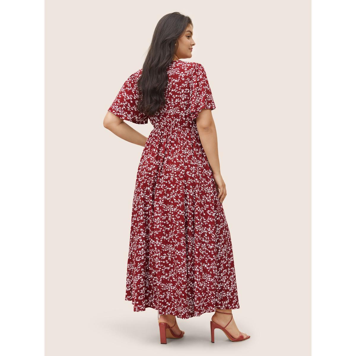 Ditsy Floral Printed Vintage Plus Size Women Vacation Long Dress Ruffle Sleeve Half Sleeve V Neck Pocket Elegance Dresses BloomChic Product Image
