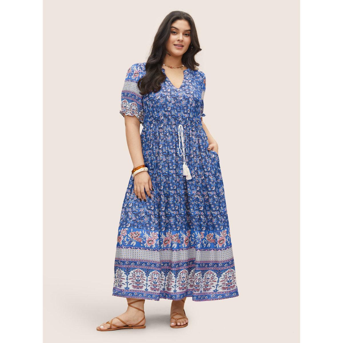 Plus Size Boho Print Notched Ties Tassel Trim Dress Blue Women Resort Non Flat collar with V-notch Short sleeve Curvy BloomChic 10/M Product Image