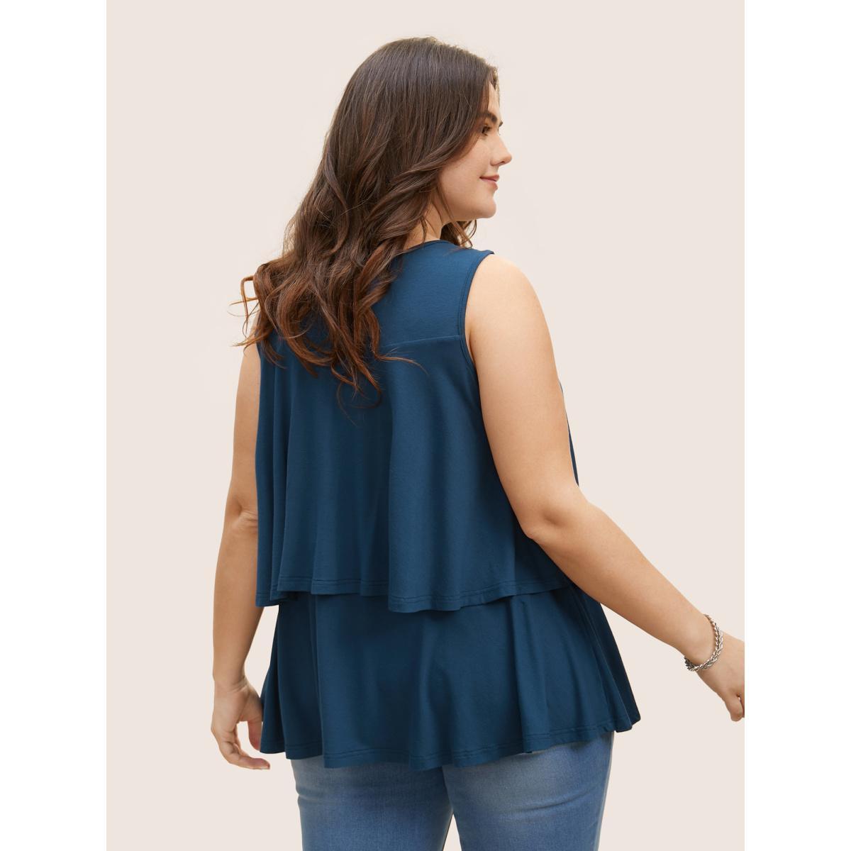 Plus Size Plain Round Neck Tiered Ruffles Tank Top Women Indigo Casual Tiered Round Neck Everyday Tank Tops Camis BloomChic 22-24/3X Product Image