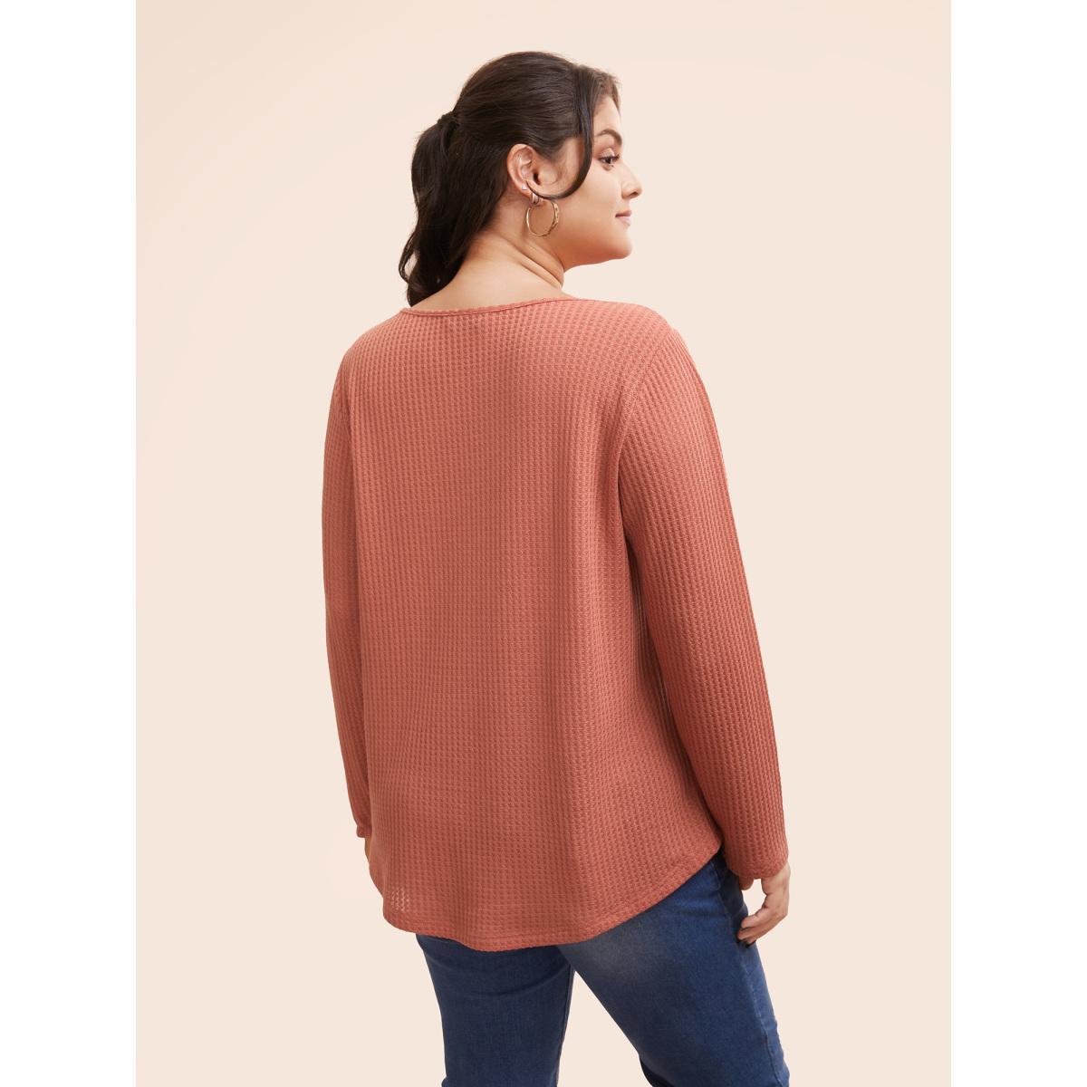 Plus Size Plain Waffle Knit Scoop Neck Plicated Detail T-shirt Salmon Women Casual Non Plain V-neck Everyday T-shirts BloomChic 14-16/1X Product Image
