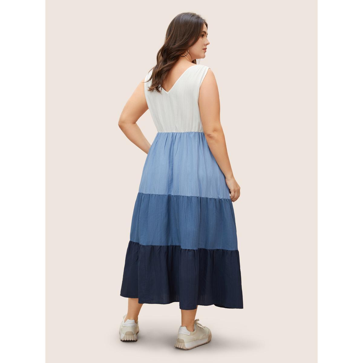 Plus Size Colorblock Contrast Ruffle Layered Hem Dress Blue Women Casual Overlapping V-neck Sleeveless Curvy BloomChic 12/L Product Image