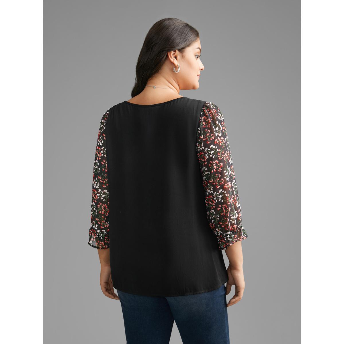 Plus Size Black V Neck Ditsy Floral Patchwork Blouse Women Elegant Elbow-length sleeve V-neck Everyday Blouses BloomChic 28/5X Product Image