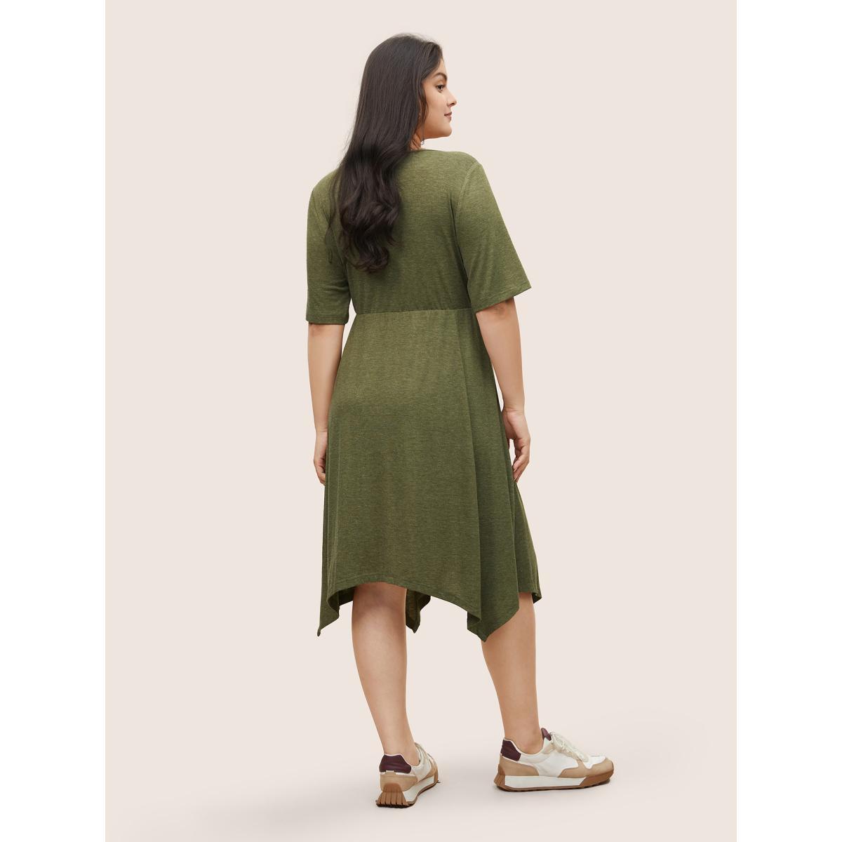 Plus Size Supersoft Essentials Solid Hanky Hem Dress Sage Women Casual Non Round Neck Short sleeve Curvy Midi Dress BloomChic 12/L Product Image