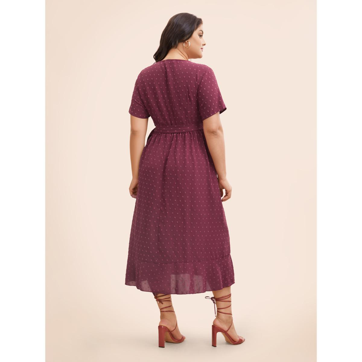 Plus Size Plain Overlap Collar Ruffle Trim Tie Knot Dress Burgundy Women Elegant Tie knot Overlap Collar Short sleeve Curvy BloomChic 22-24/3X Product Image
