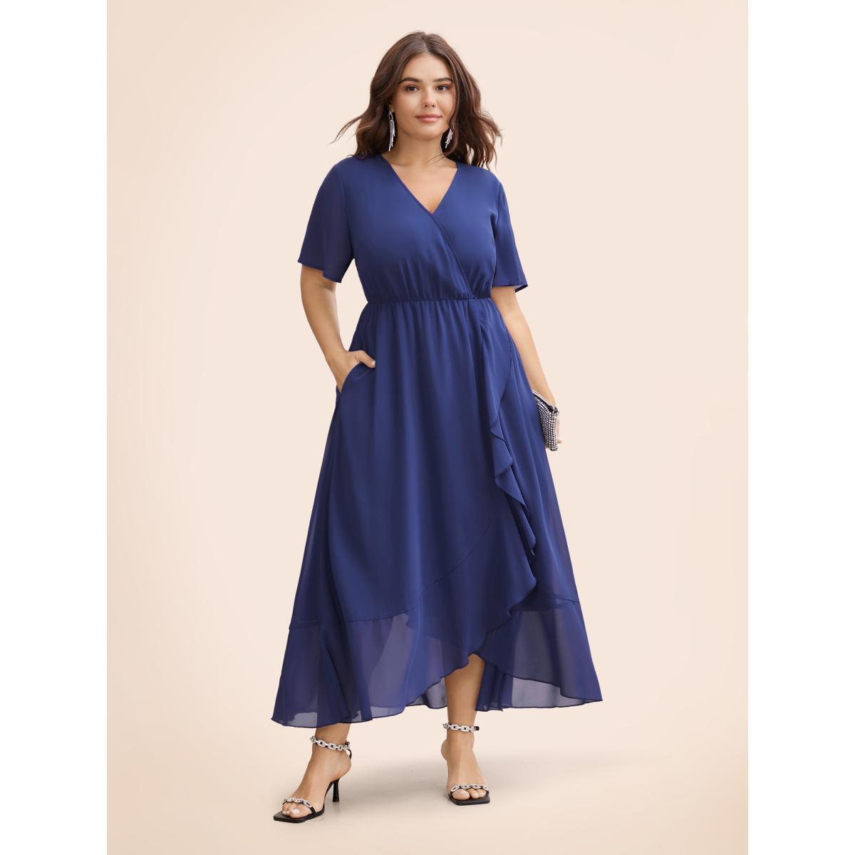 Plus Size Chiffon Overlap Collar Ruffle Sleeve Dress DarkBlue Women Formal See through Overlap Collar Short sleeve Curvy BloomChic 10/M Product Image