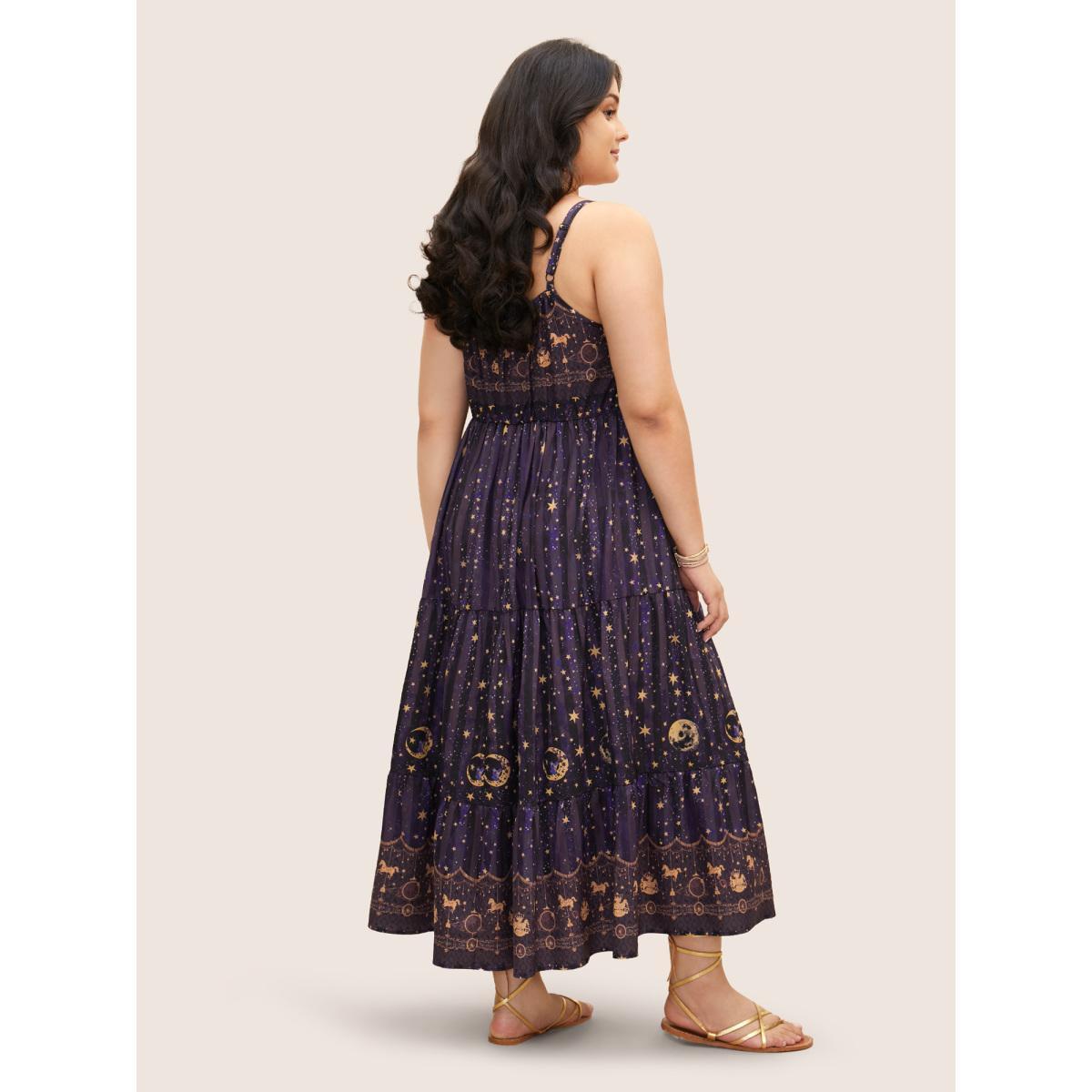 Plus Size Star & Moon Print Elastic Waist Maxi Cami Dress Deeppurple Women Resort Patchwork Non Sleeveless Curvy BloomChic 30/6X Product Image