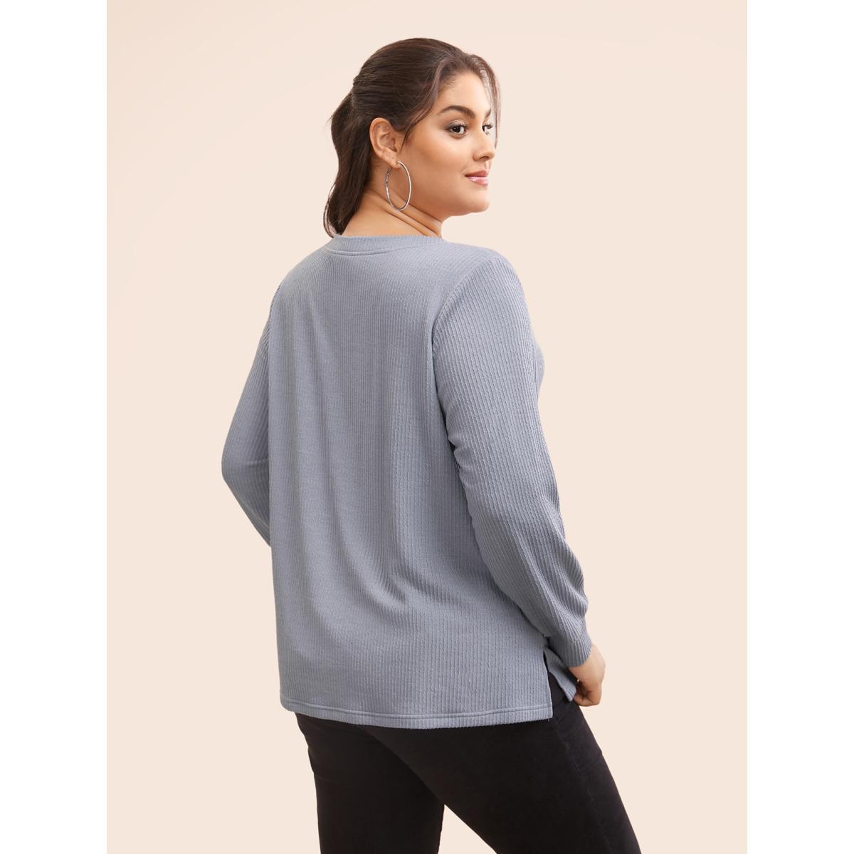 Plus Size Plain Textured Split Hem T-shirt Mediumgray Women Casual Texture V-neck Everyday T-shirts BloomChic 28/5X Product Image