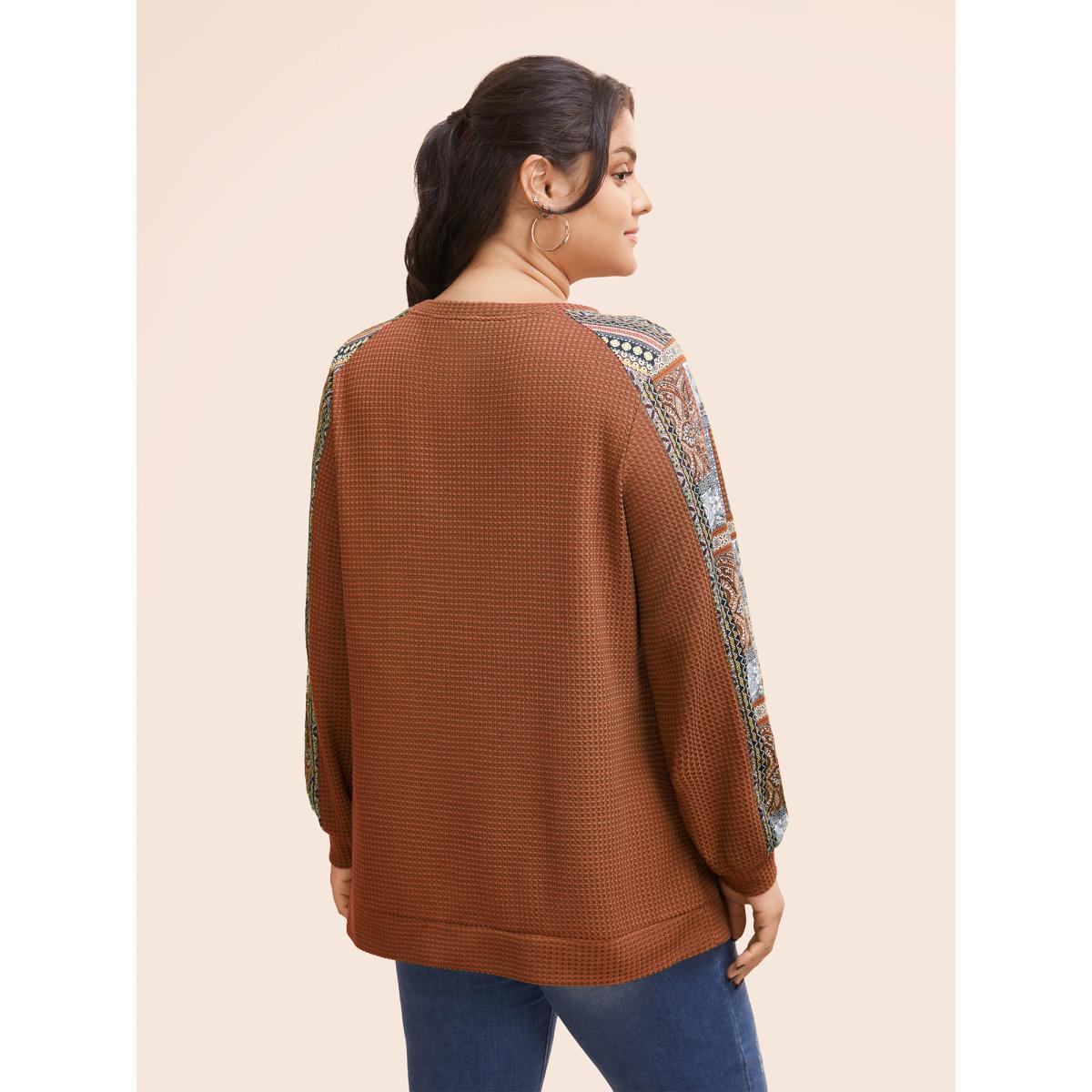 Plus Size Boho Print Patchwork Waffle Knit Crew Neck Sweatshirt Women Brown Casual Elastic cuffs Round Neck Dailywear Sweatshirts BloomChic 30/6X Product Image