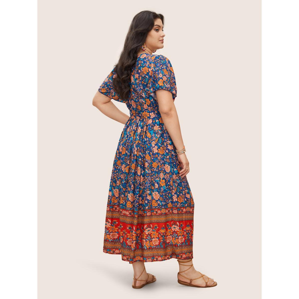 Plus Size Bandana Surplice Neck Pocket Belted Flutter Hem Maxi Dress DarkBlue Women Resort Non V-neck Short sleeve Curvy Long Dress BloomChic 14-16/1X Product Image