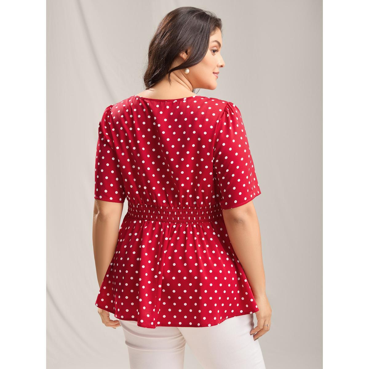 Plus Size Brightred Polka Dots Shirred Waist Blouse Women Short sleeve V-neck Everyday-Elegant Blouses BloomChic 30/6X Product Image