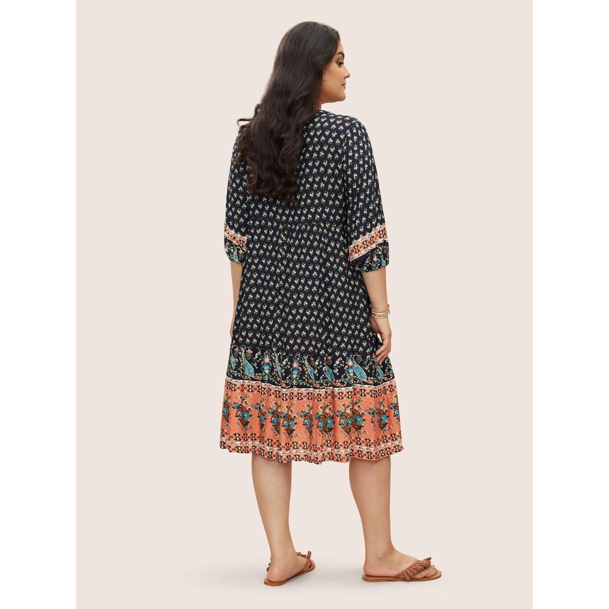 Plus Size Bandana Tassels Lantern Sleeve Ruffle Pocket Keyhole Neck Dress Indigo Women Resort V-neck Elbow-length sleeve Curvy Midi Dress BloomChic 18-20/2X Product Image