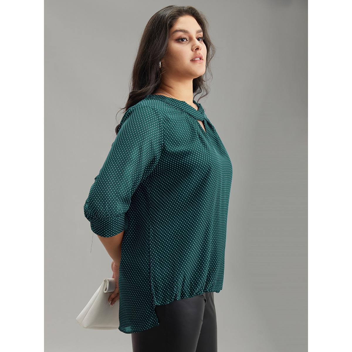 Plus Size DarkGreen Chiffon Polka Dot Mesh Keyhole Twist Front Blouse Women Office Elbow-length sleeve Round Neck Work Blouses BloomChic 18-20/2X Product Image
