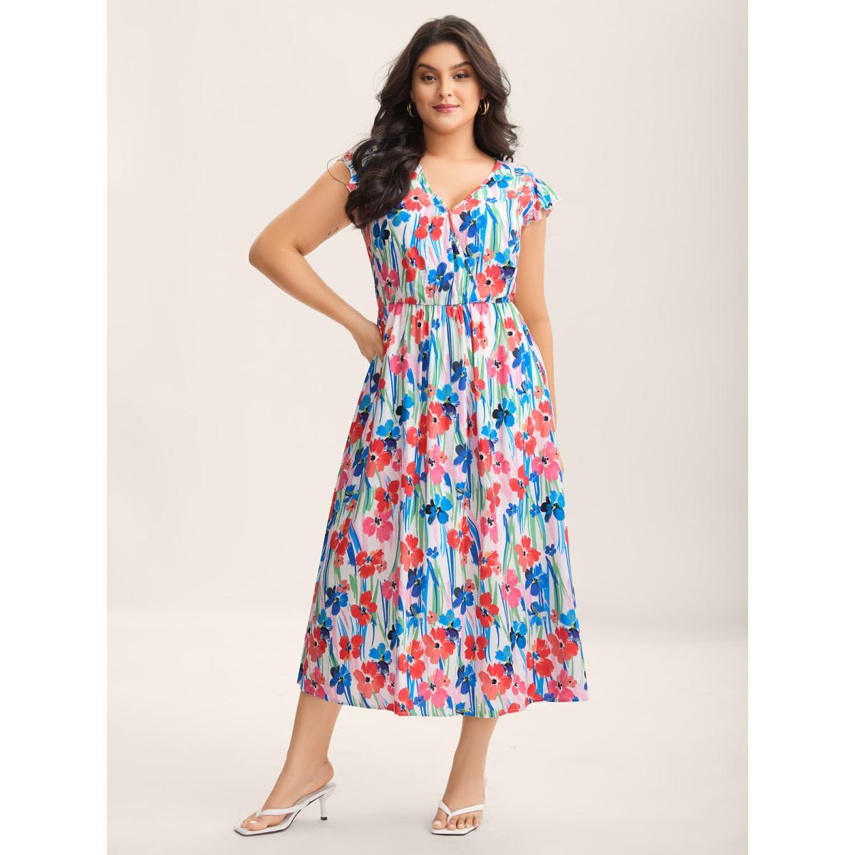 Plus Size Rayon Floral Print Surplice Pockets Midi Dress Multicolor Women Overlap Collar Cap Sleeve Curvy BloomChic 28/5X Product Image