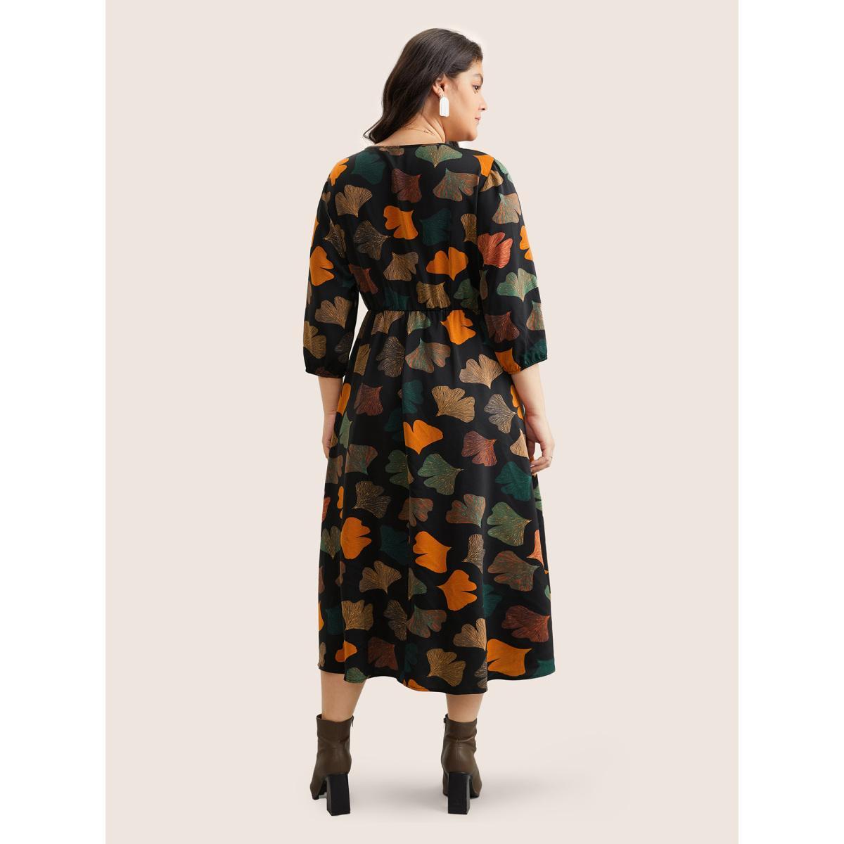 Plus Size Plants Print Elastic Waist Elastic Cuffs Dress Black Women Elegant Elastic cuffs V-neck Elbow-length sleeve Curvy Midi Dress BloomChic 18-20/2X Product Image