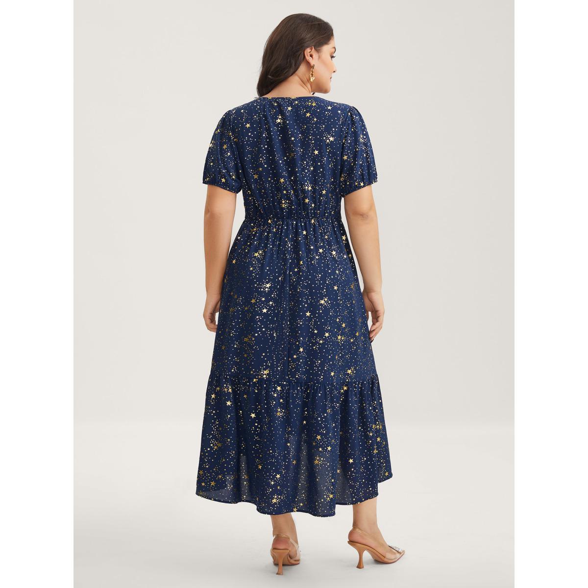 Plus Size Starry Sequins Ruffled Hem Midi Dress Navy Women V-neck Short sleeve Curvy BloomChic 30/6X Product Image