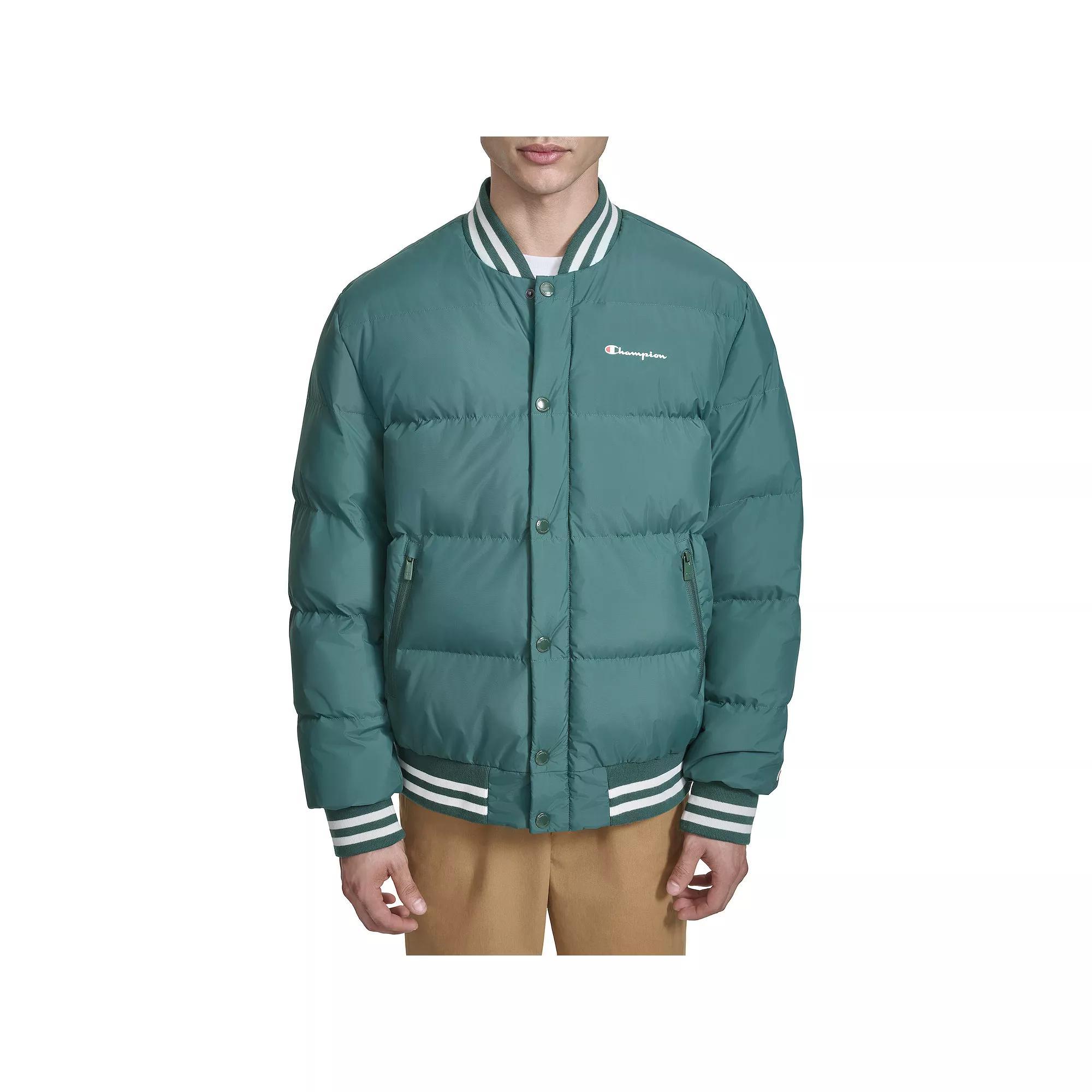 Men's Champion® Quilted Varsity Puffer Bomber Jacket, Size: Medium, Rain Green Product Image