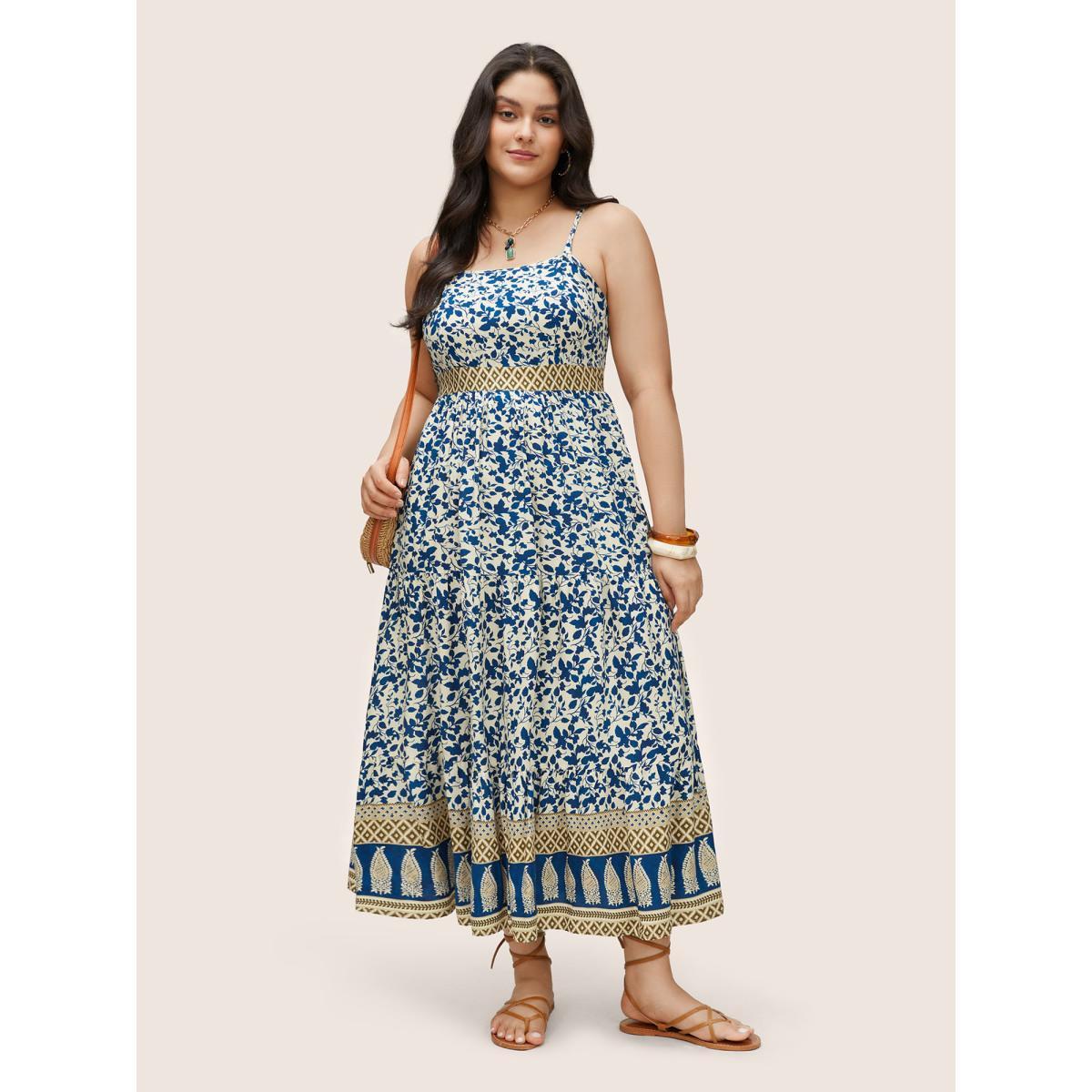 Plus Size Boho Print Patchwork Adjustable Straps Cami Dress DarkBlue Women Resort Non Spaghetti Strap Sleeveless Curvy Midi Dress BloomChic 30/6X Product Image